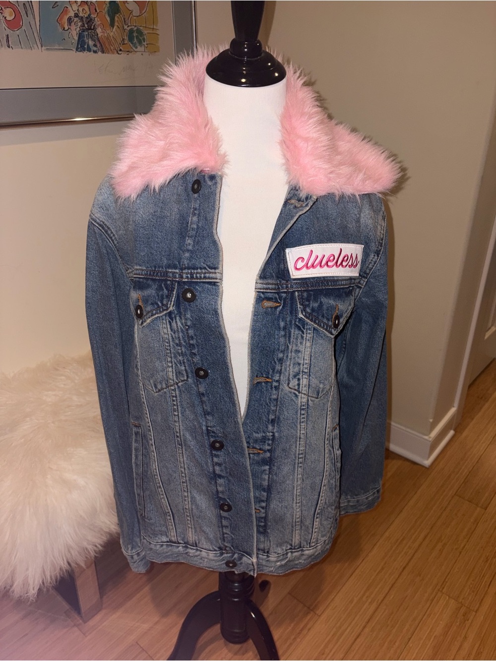 Ragged Priest Clueless Denim Jacket with Pink Faux-Fur Collar & Clueless Patch